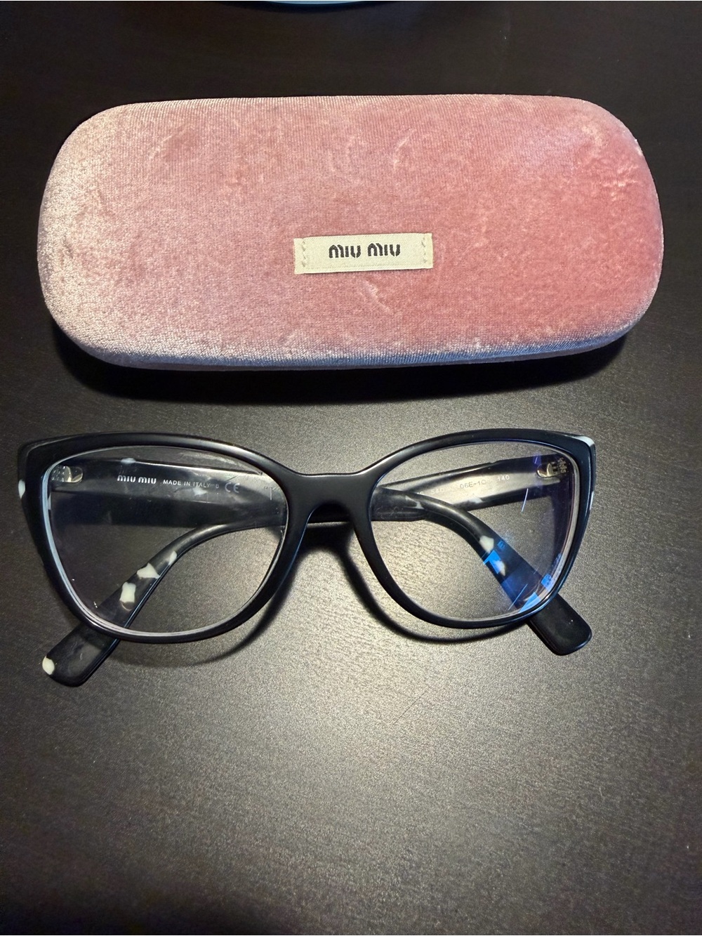 Miu Miu Black Cat-Eye Glasses with Pink Velvet Case